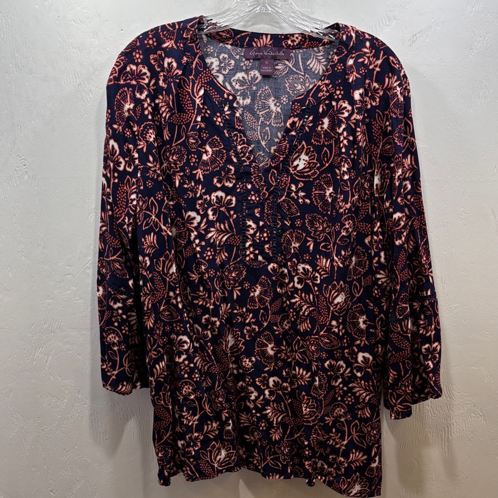 Gloria Vanderbilt Boho, Hippie Navy & Pink Floral Relaxed Fit Blouse Size XL